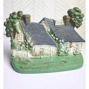 Vintage Hubley Cast Iron Doorstop White Cape Cod/ Cottage Roses Flowers Trees